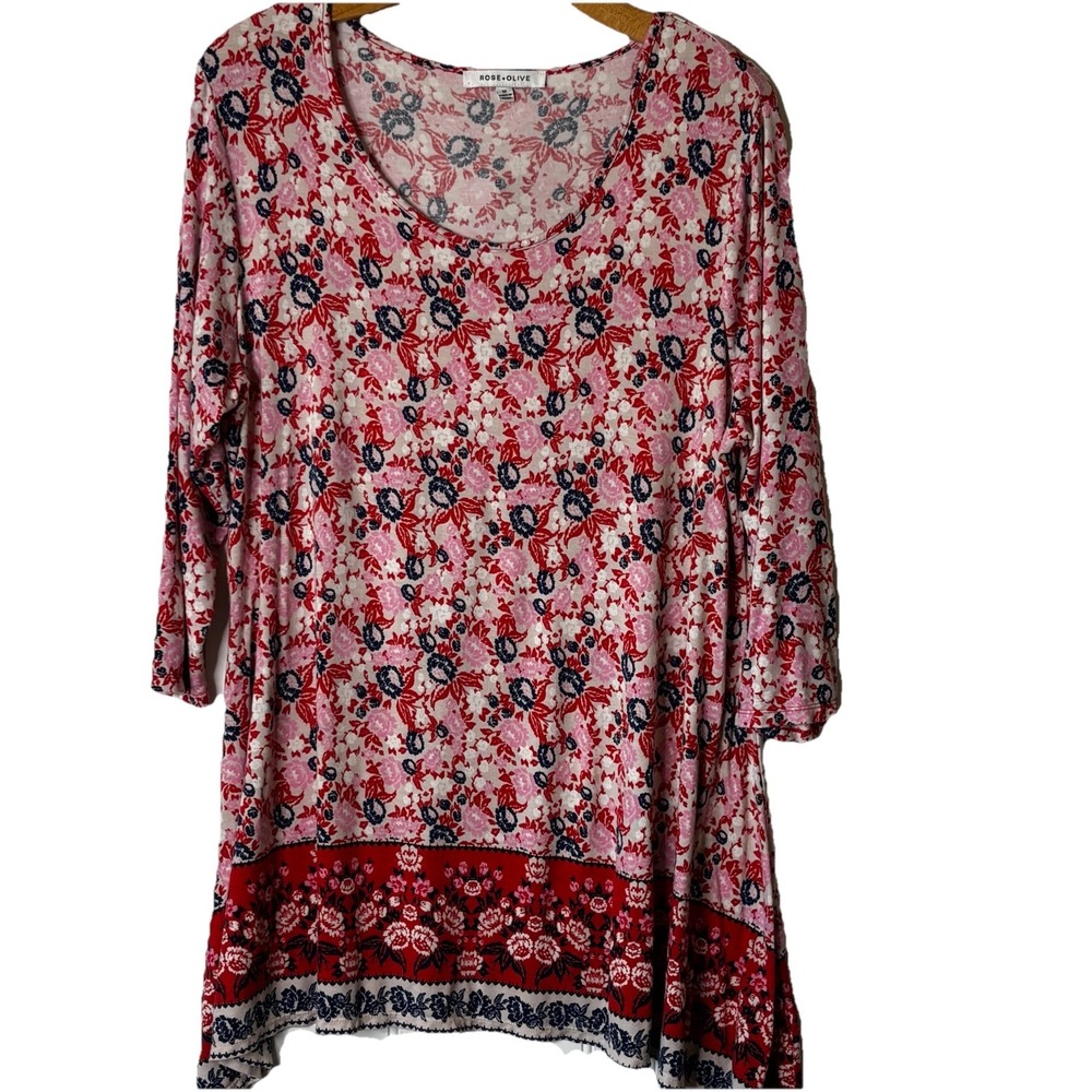 Rose + Olive Tunic Top Womens 1X Multicolor All Over Floral Boho Stretch Shirt